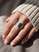 Brave Malachite Ring worn, sunlight on the turning bands