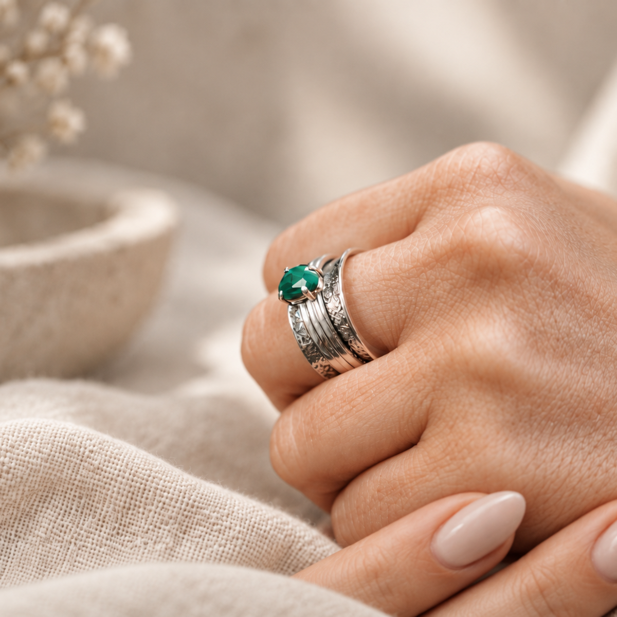 A woman's hand wearing the Brave Malachite sterling silver spinner ring