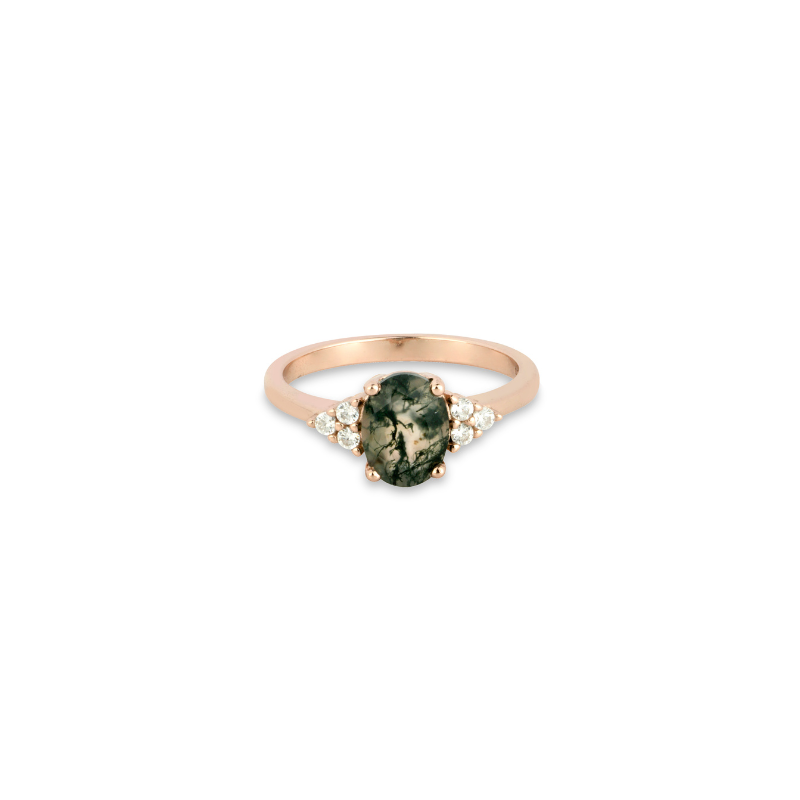 Promise Ring, Oval Cut Moss Agate, Rose Gold