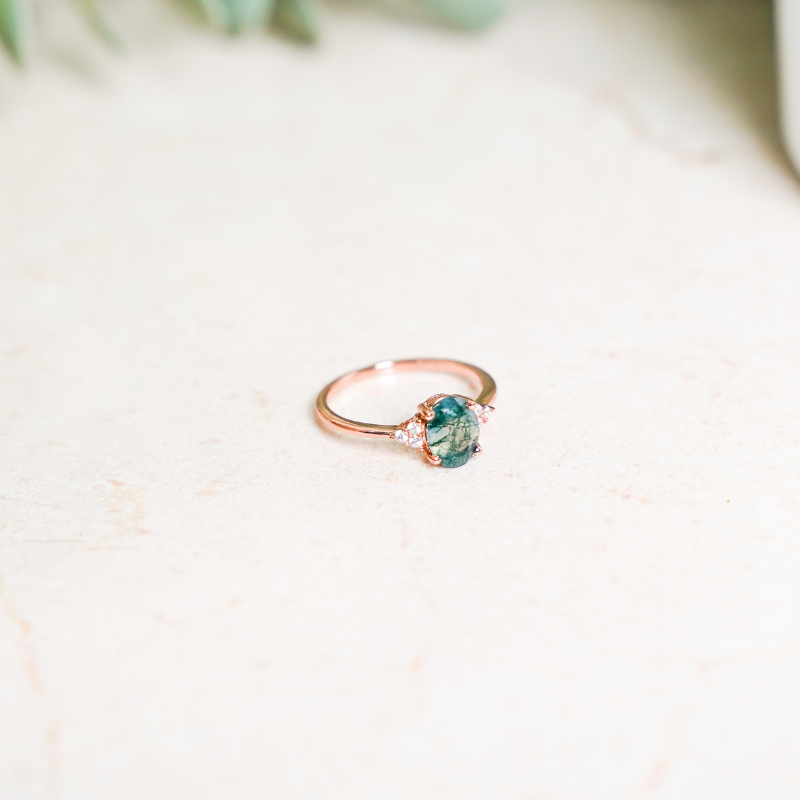 Promise Ring, Oval Cut Moss Agate, Rose Gold