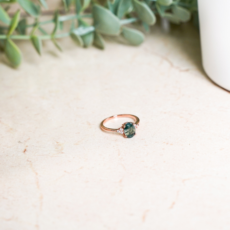 Promise Ring, Oval Cut Moss Agate, Rose Gold