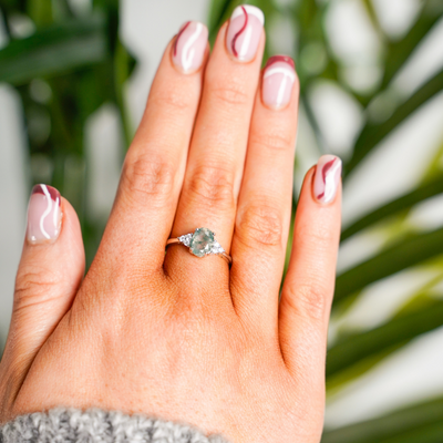 Promise Ring, Oval Cut Moss Agate, Rose Gold