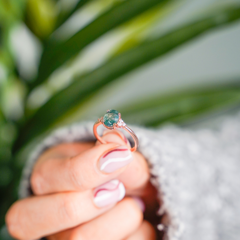 Promise Ring, Oval Cut Moss Agate, Rose Gold