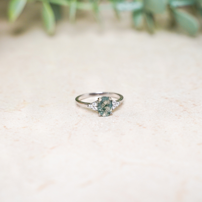 Promise Ring, Oval Cut Moss Agate, Sterling Silver