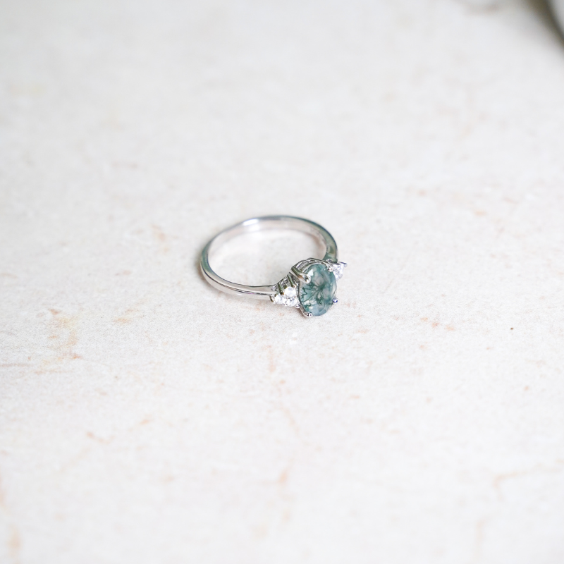 Promise Ring, Oval Cut Moss Agate, Sterling Silver